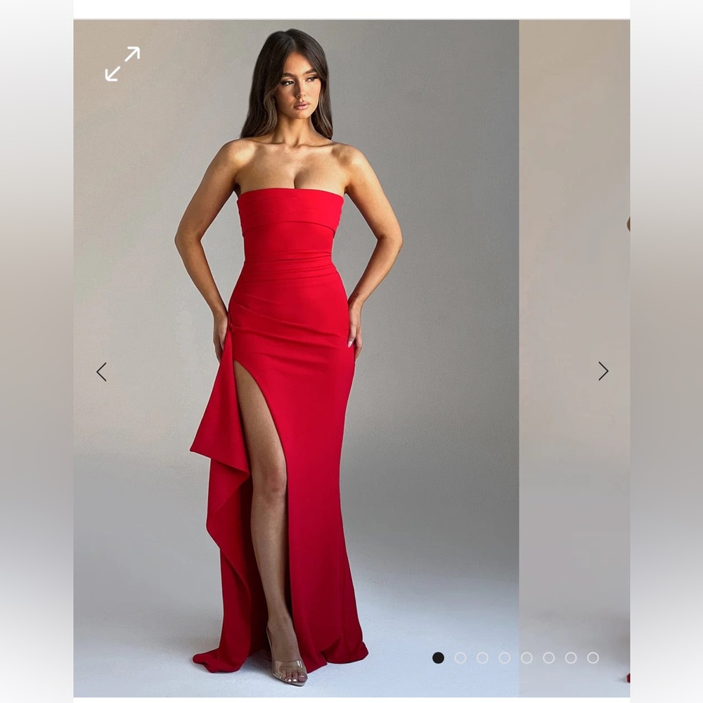 Red Asymmetrical Strapless Slit Gown